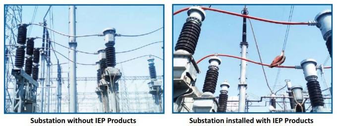 The manufacturer's leaflet photograph, two substation yards side by side: bare grey bus, insulators and connections on the left; on the right the same kind of yard with red covers fitted along the conductors and over the connections, and a large bird perched on one of the covered runs.