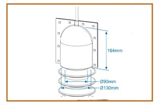 Dimensioned line drawing of a small domed cover on a flange plate over a three-shed insulator, marked 164 mm tall, Ø90 mm and Ø130 mm