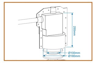 Dimensioned line drawing of a cover over a bus standoff insulator with one horizontal entry, marked 255 mm tall, Ø100 mm and Ø180 mm