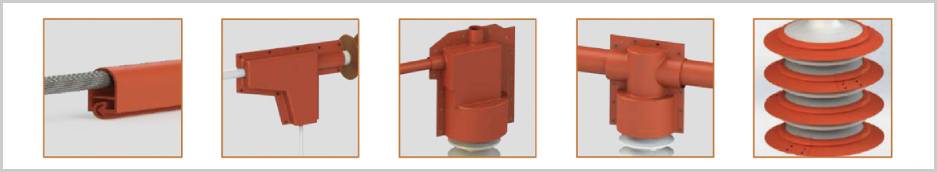 Five red insulating covers shown in place: a stranded conductor seated inside a slotted line cover, a moulded cover over a bus connection on a stud, two covers enclosing bushing terminations, and a shed-shaped cover over a post insulator.